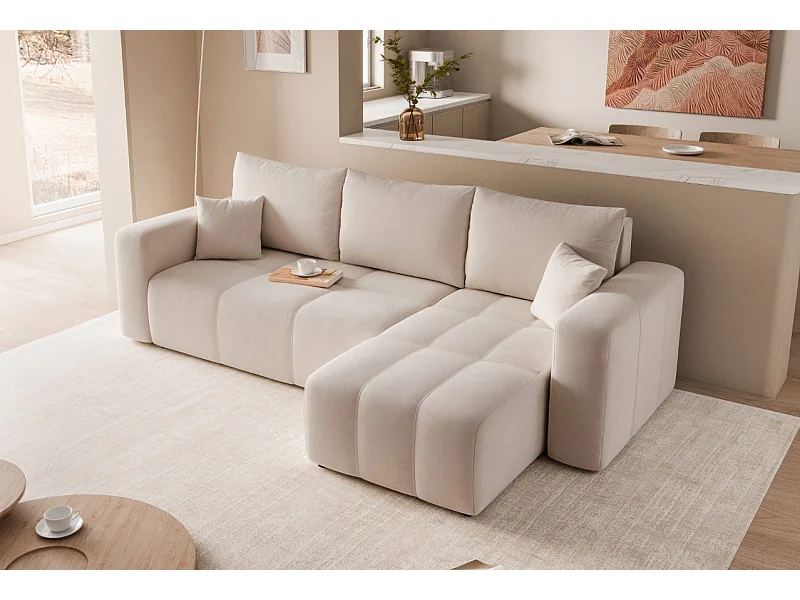 Hoekslaapbank Convertible Pedro 3-zits met opbergruimte in crèmekleurige stof