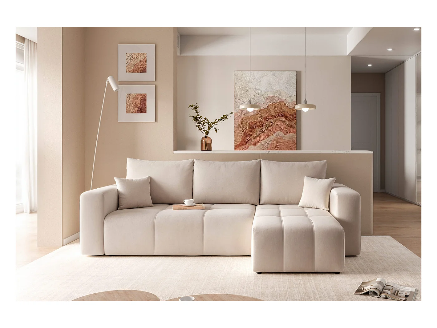 Hoekslaapbank Convertible Pedro 3-zits met opbergruimte in crèmekleurige stof