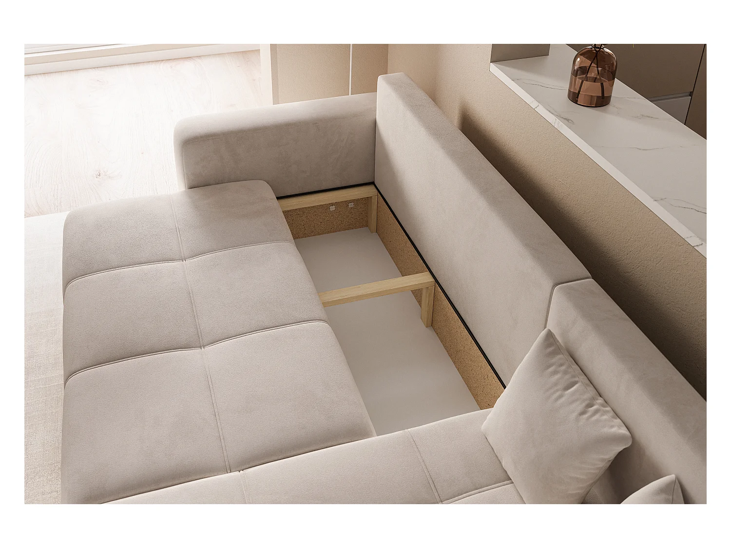 Hoekslaapbank Convertible Pedro 3-zits met opbergruimte in crèmekleurige stof