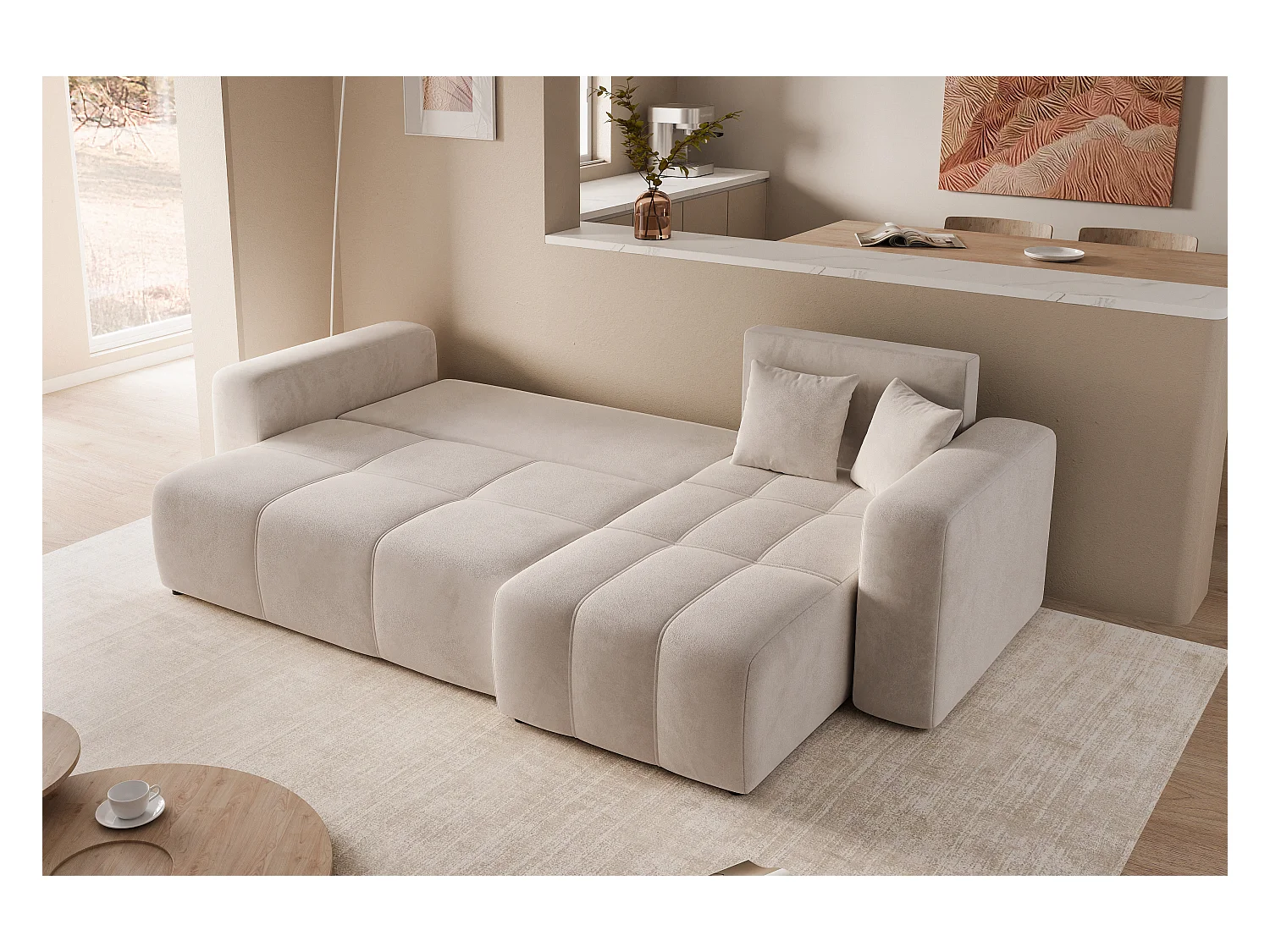 Hoekslaapbank Convertible Pedro 3-zits met opbergruimte in crèmekleurige stof