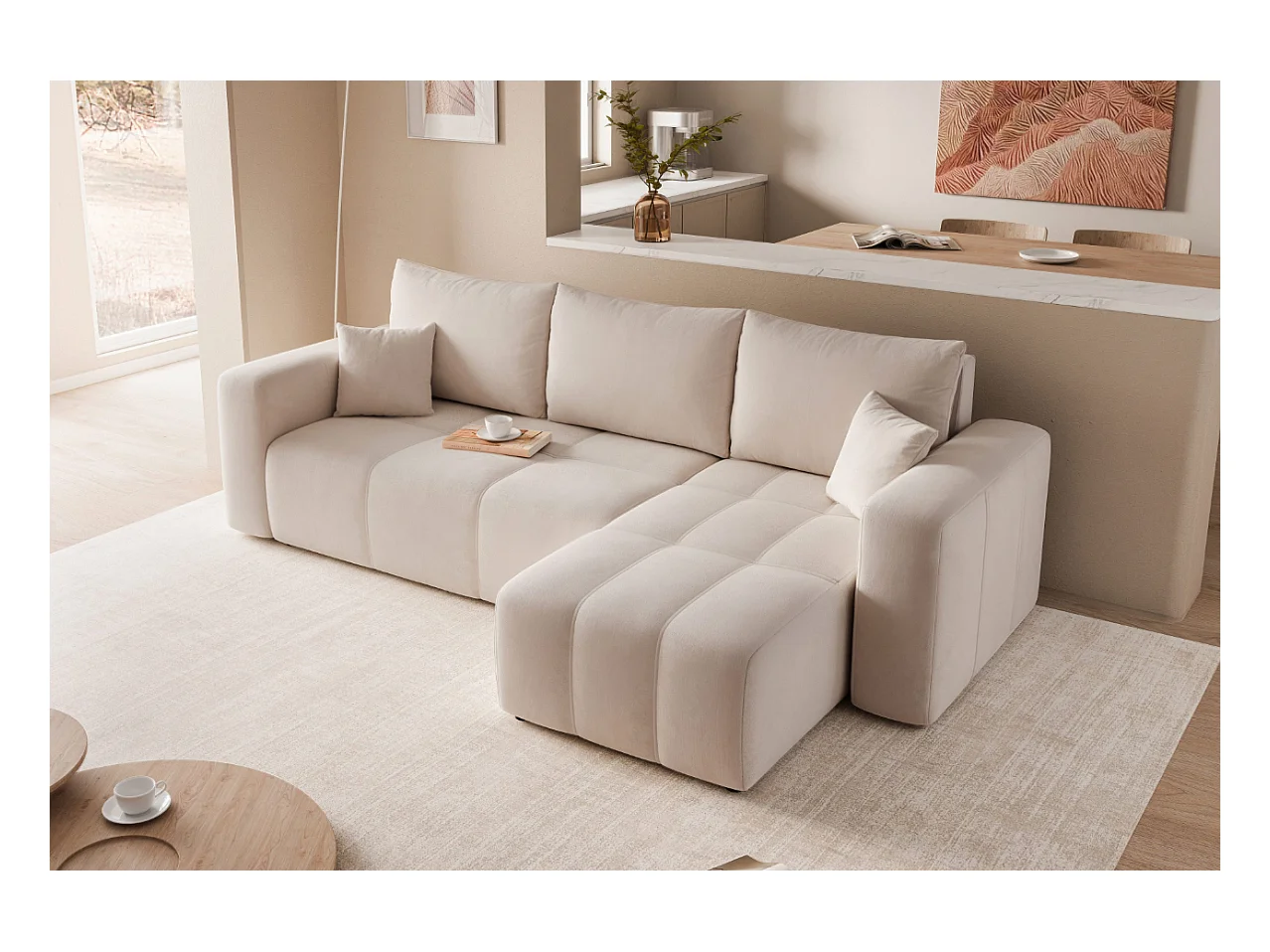Canapé d'angle Convertible Pedro 3-Places avec Espace de Rangement en tissu Crème