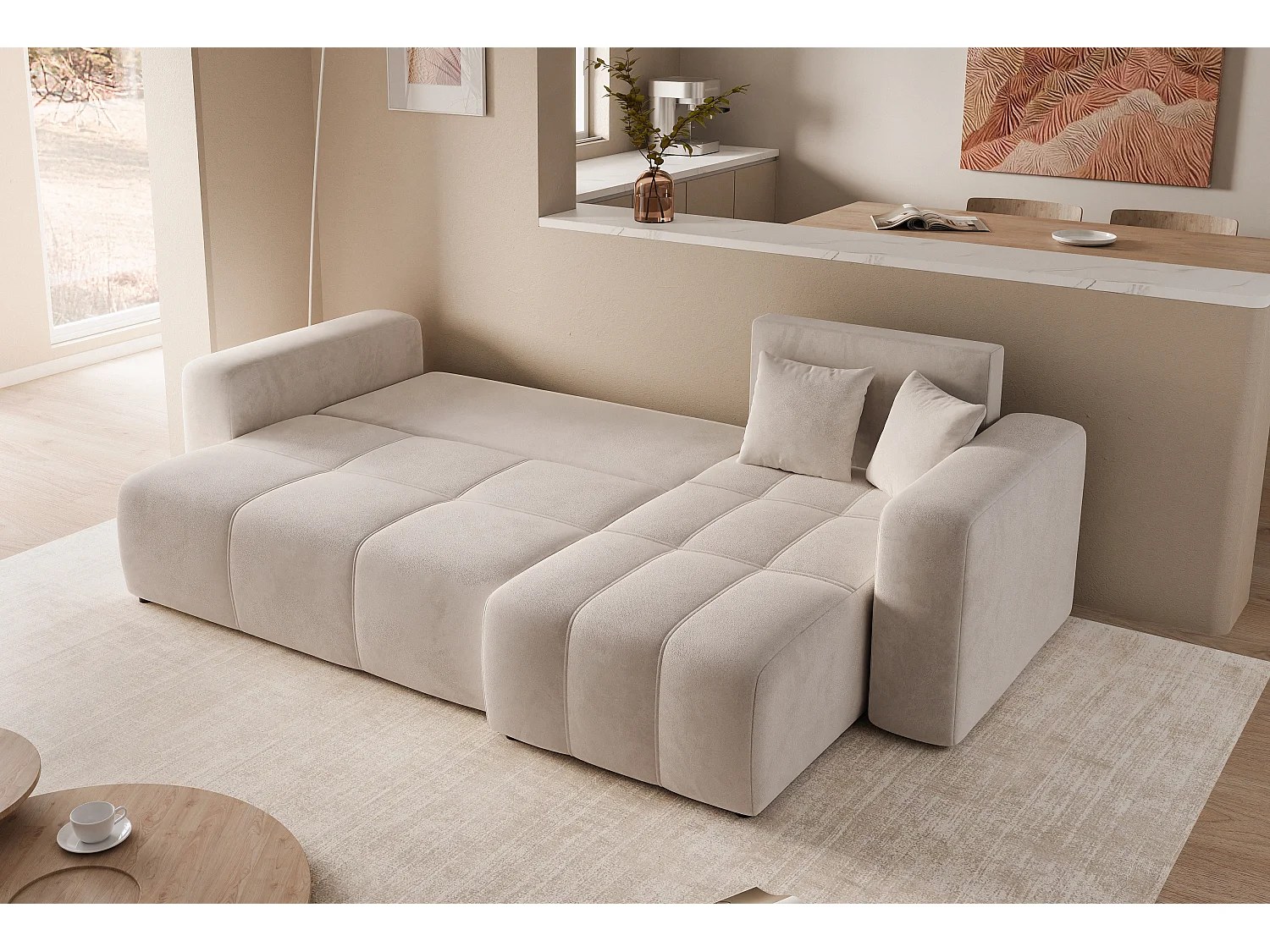 Ecksofa Pedro mit Schlaffunktion und Stauraum in Creme-Stoff