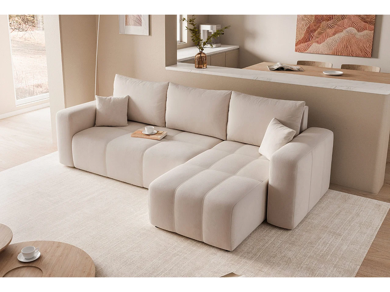 Canapé d'angle Convertible Pedro 3-Places avec Espace de Rangement en tissu Crème