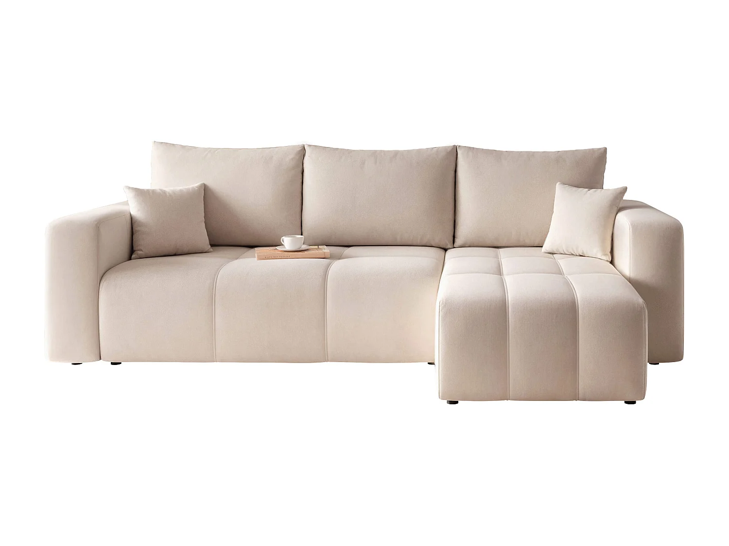 Canapé d'angle Convertible Pedro 3-Places avec Espace de Rangement en tissu Crème