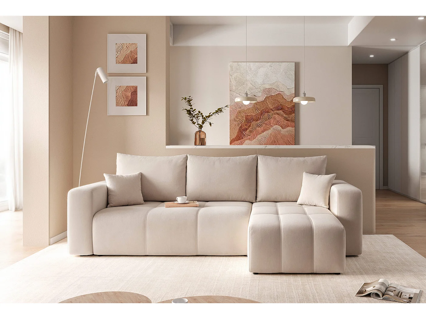 Canapé d'angle Convertible Pedro 3-Places avec Espace de Rangement en tissu Crème