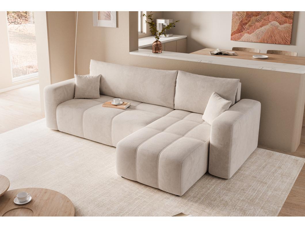 Canapé d'angle Convertible Pedro 3-Places avec Espace de Rangement en tissu Crème