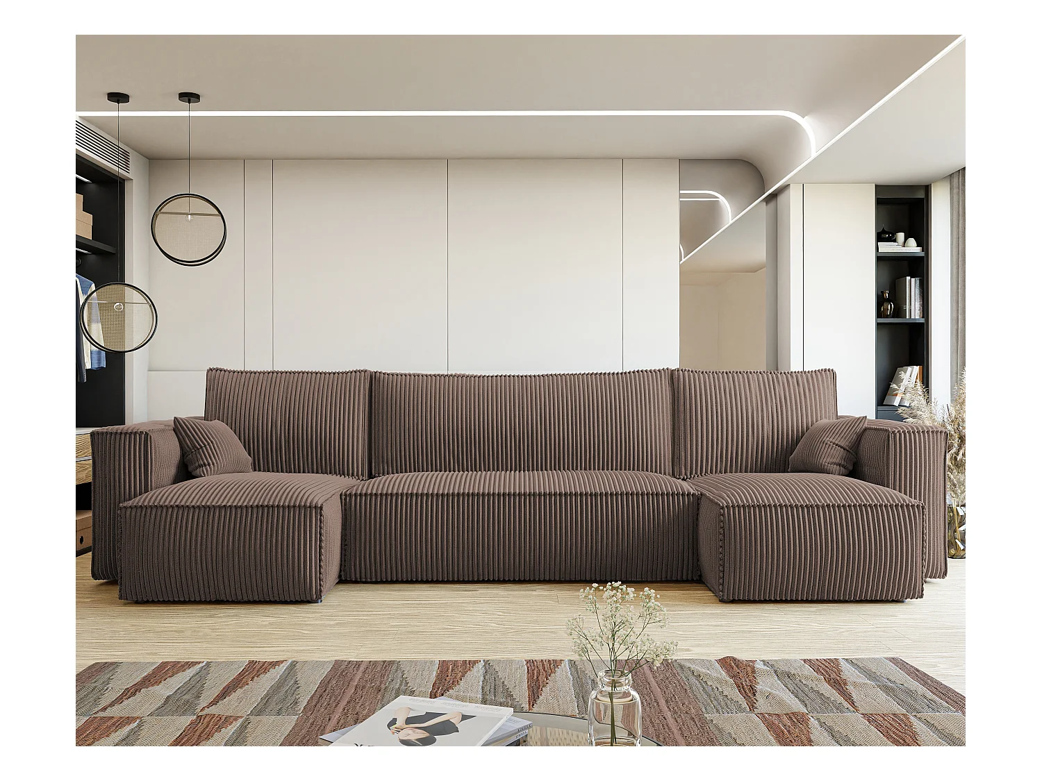 Canapé d'angle Paris U fonction couchage, et tissu Marron