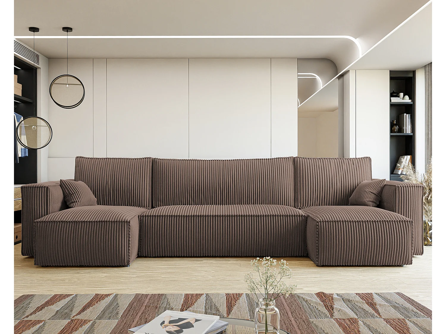 Canapé d'angle Paris U fonction couchage, et tissu Marron