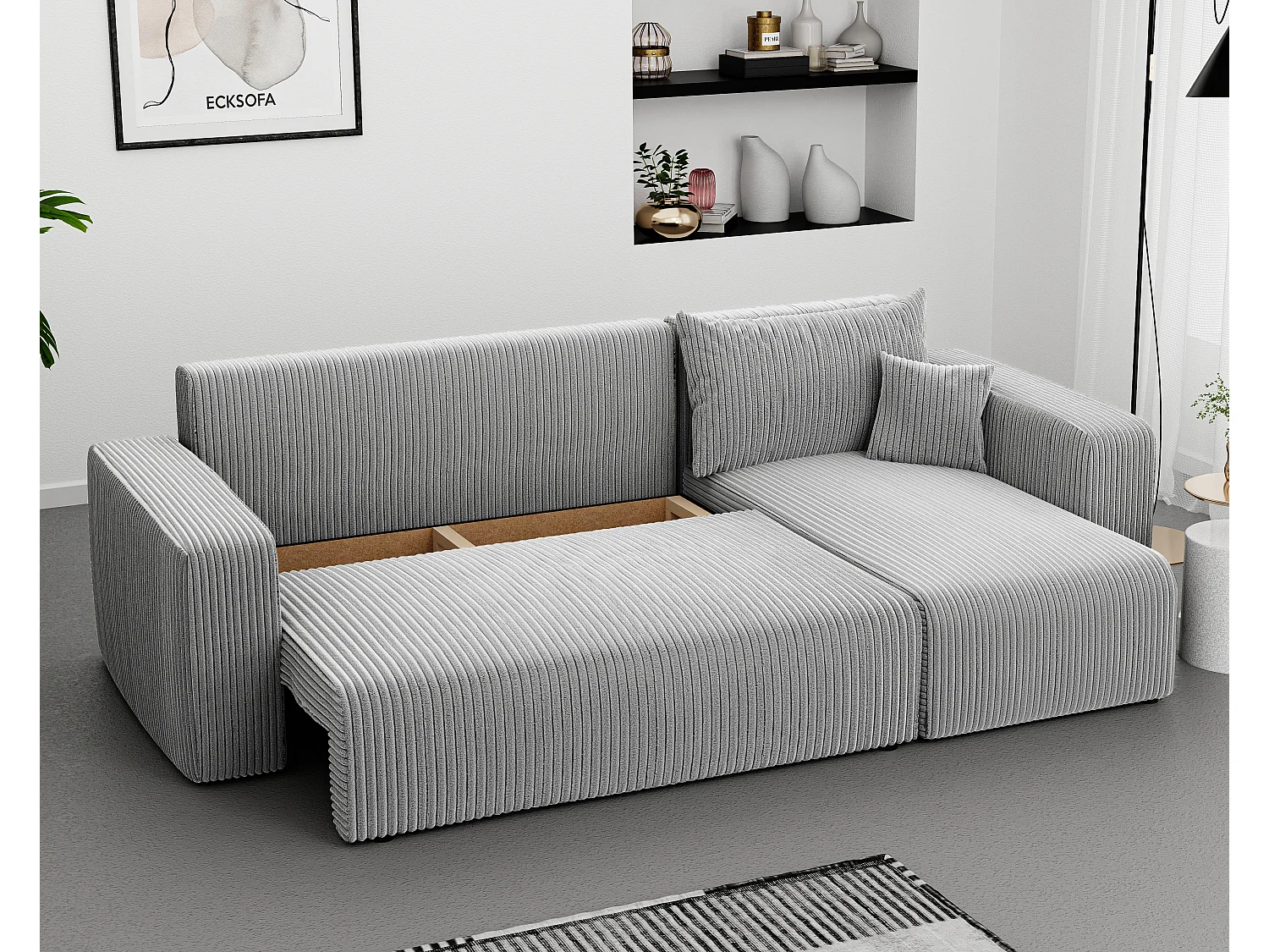 Hoekslaapbank Piano om te bouwen in grijze stof