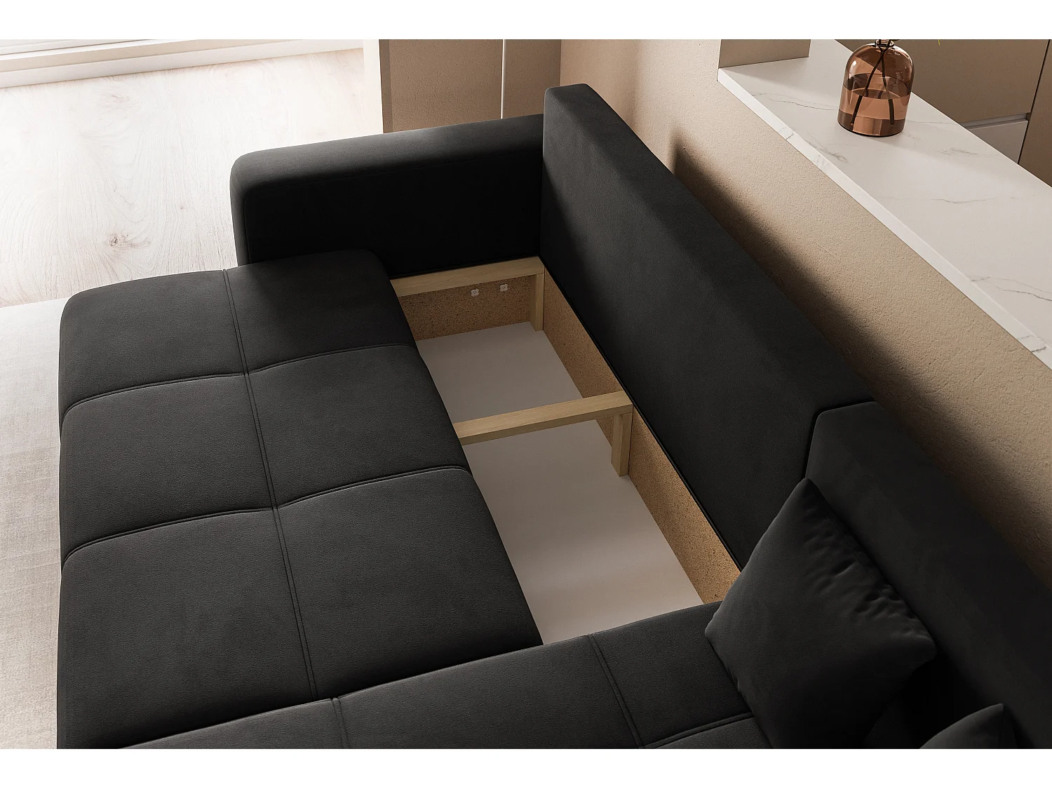 Hoekslaapbank Convertible Pedro 3-zits met opbergruimte in zwart stof