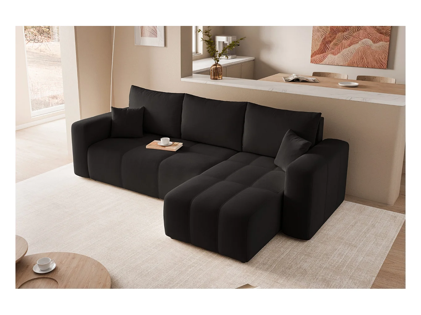 Canapé d'angle Convertible Pedro 3-Places avec Espace de Rangement en tissu Noir