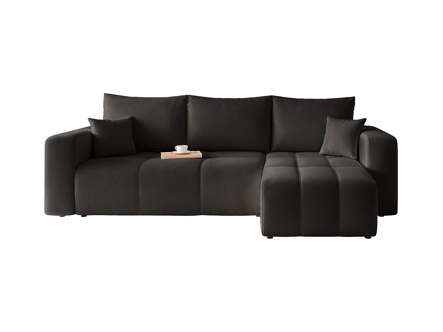 Ecksofa Pedro mit Schlaffunktion und Stauraum, 3-Sitzer, in Schwarzem Stoff.