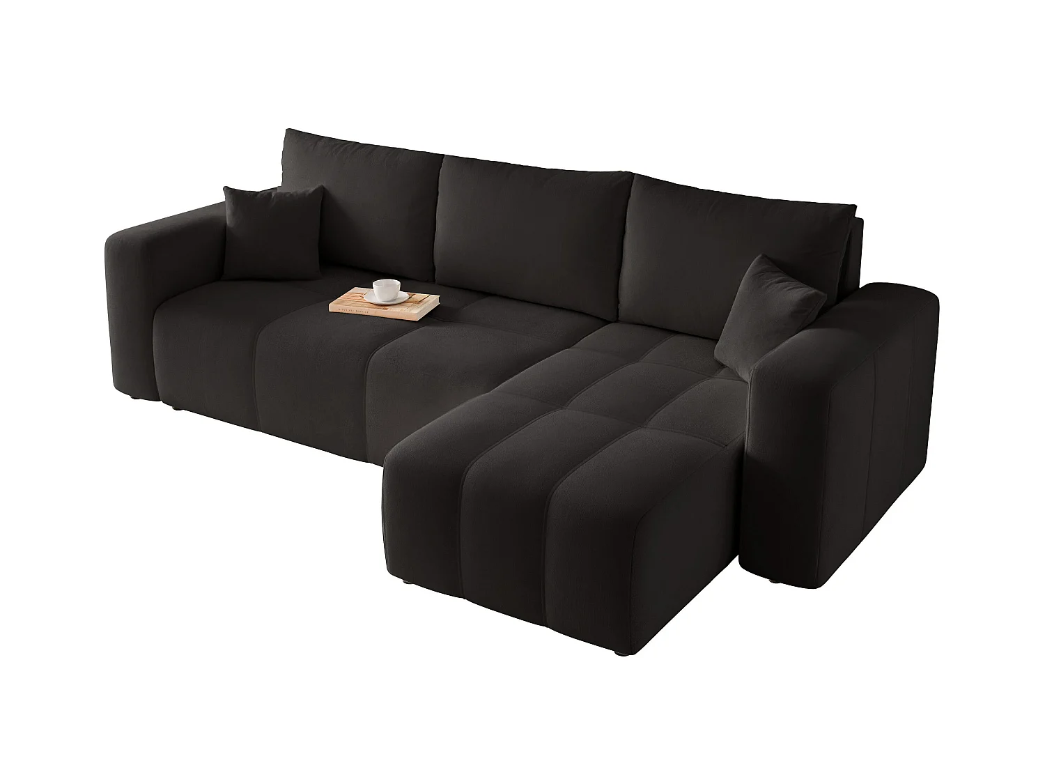 Ecksofa Pedro mit Schlaffunktion und Stauraum, 3-Sitzer, in Schwarzem Stoff.