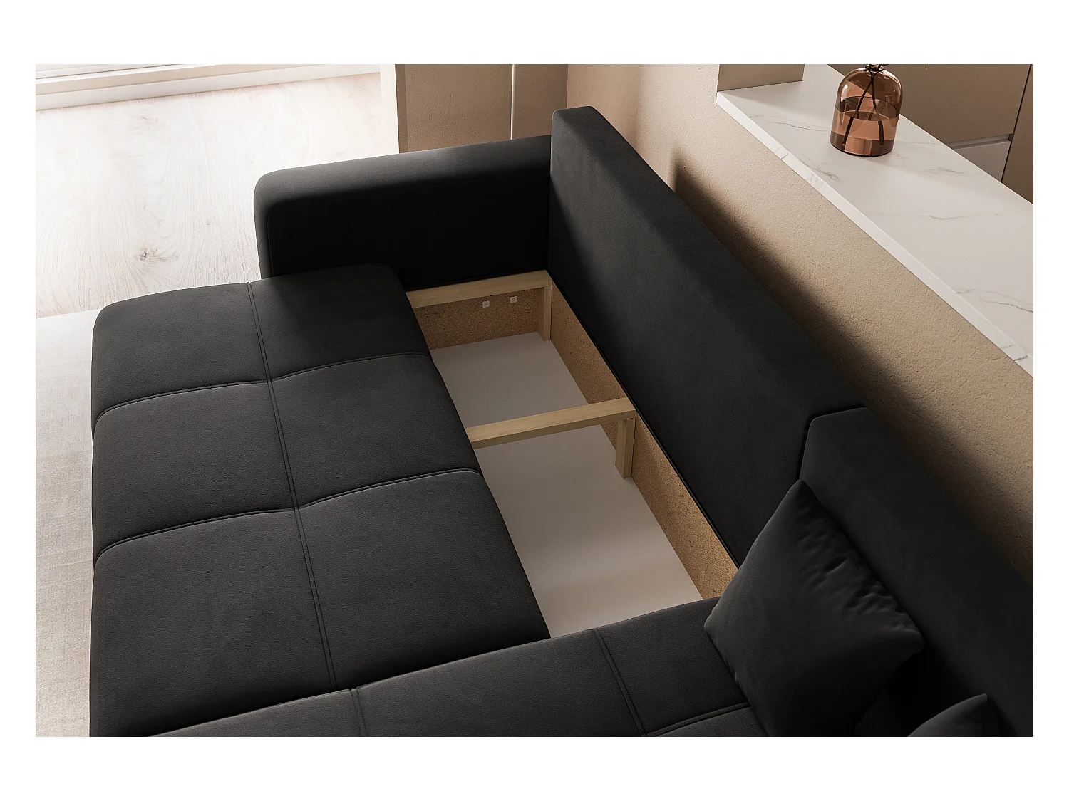 Ecksofa Pedro mit Schlaffunktion und Stauraum, 3-Sitzer, in Schwarzem Stoff.