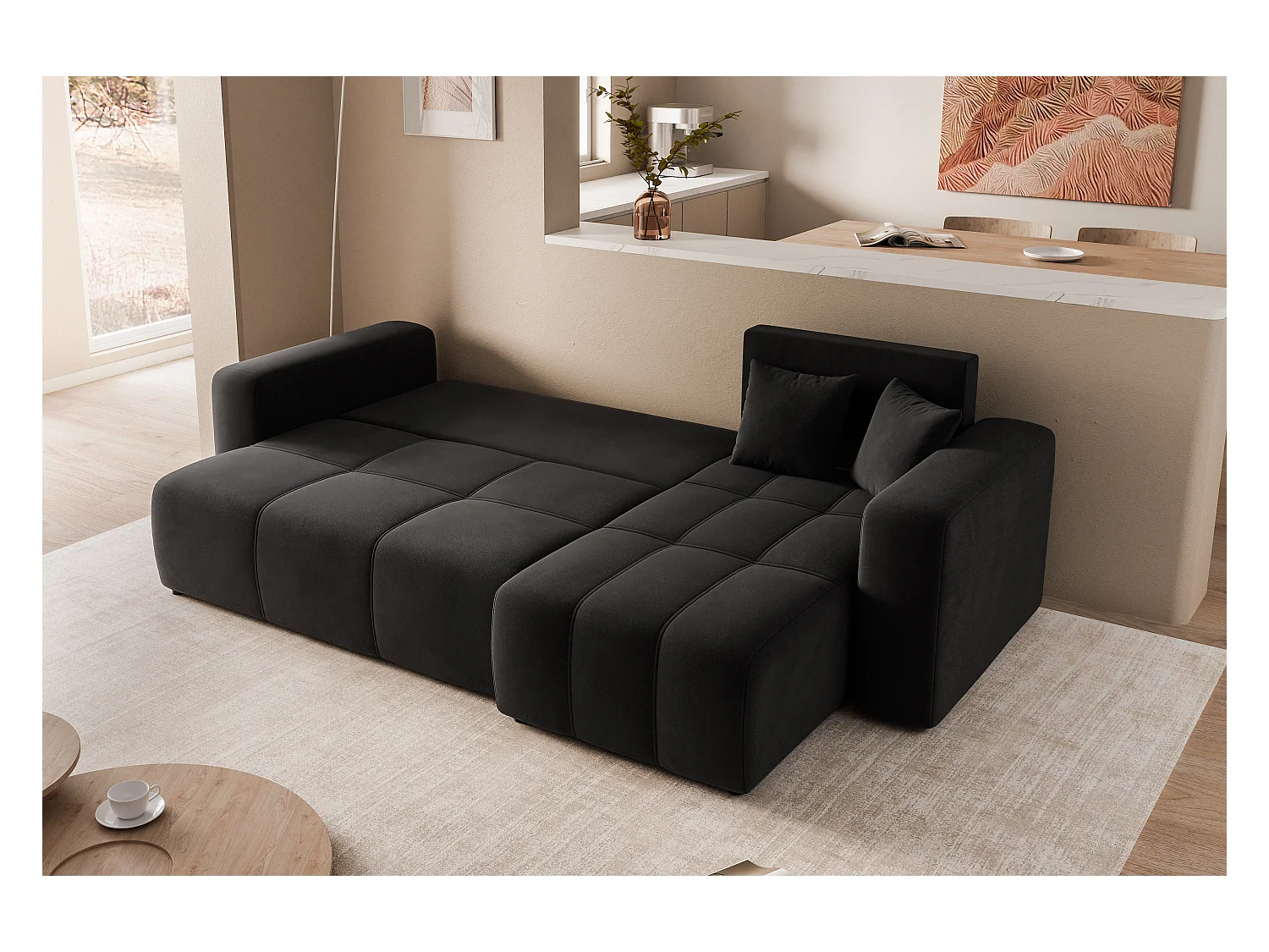 Ecksofa Pedro mit Schlaffunktion und Stauraum, 3-Sitzer, in Schwarzem Stoff.