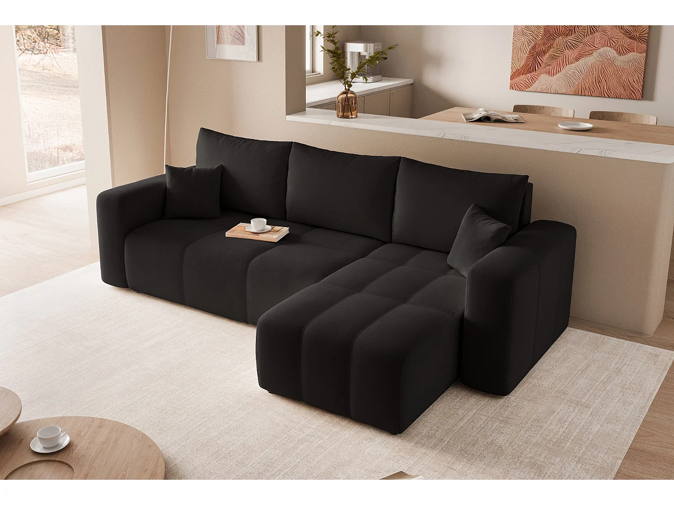 Canapé d'angle Convertible Pedro 3-Places avec Espace de Rangement en tissu Noir