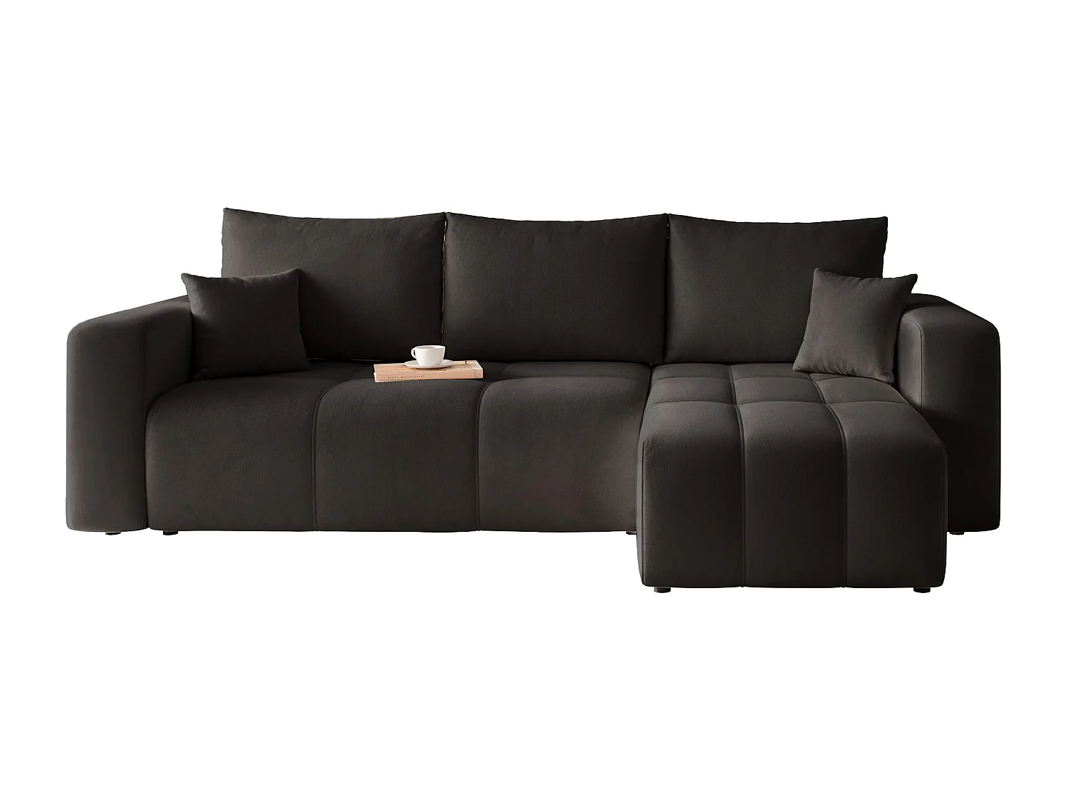 Canapé d'angle Convertible Pedro 3-Places avec Espace de Rangement en tissu Noir