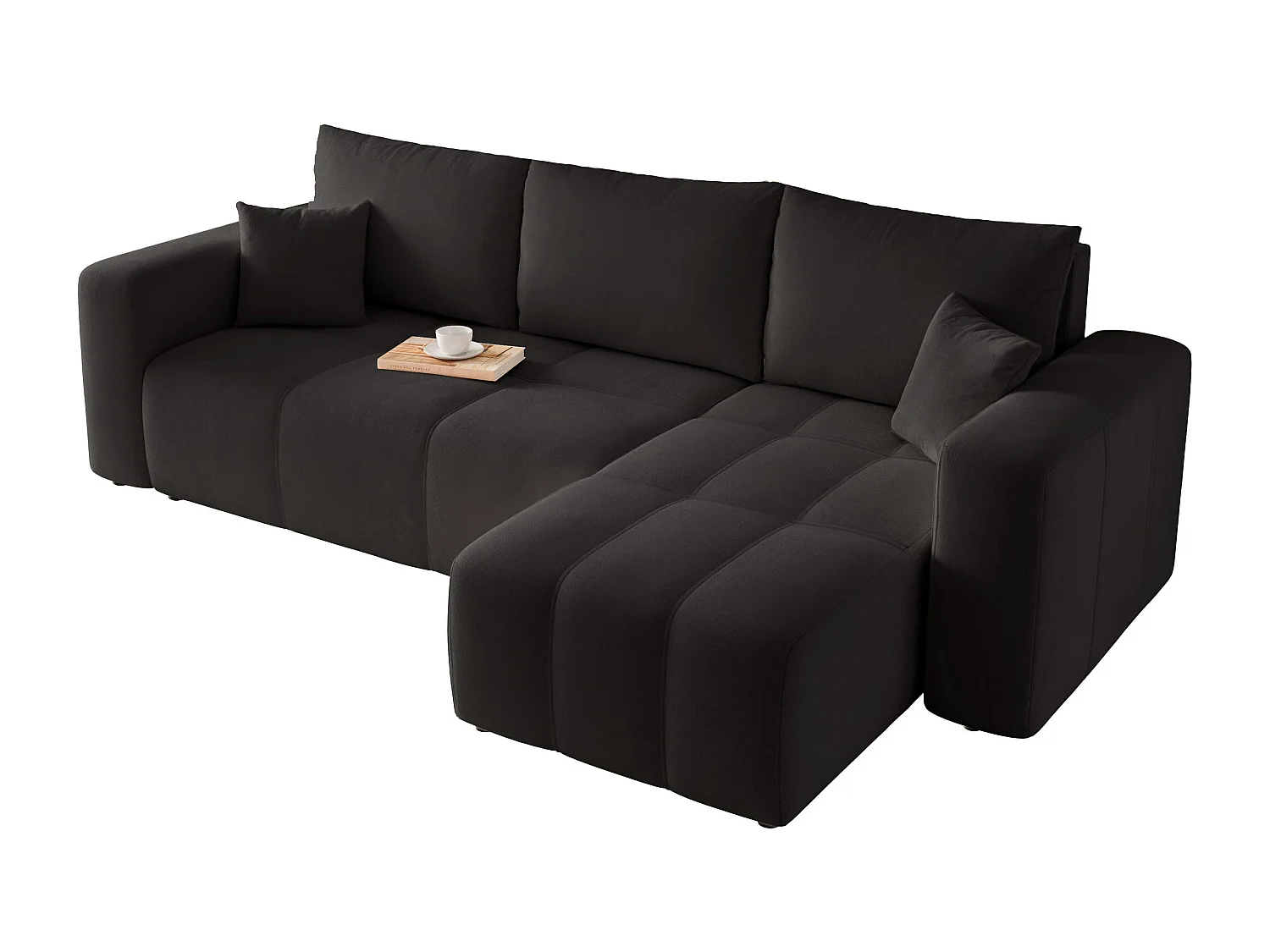 Canapé d'angle Convertible Pedro 3-Places avec Espace de Rangement en tissu Noir