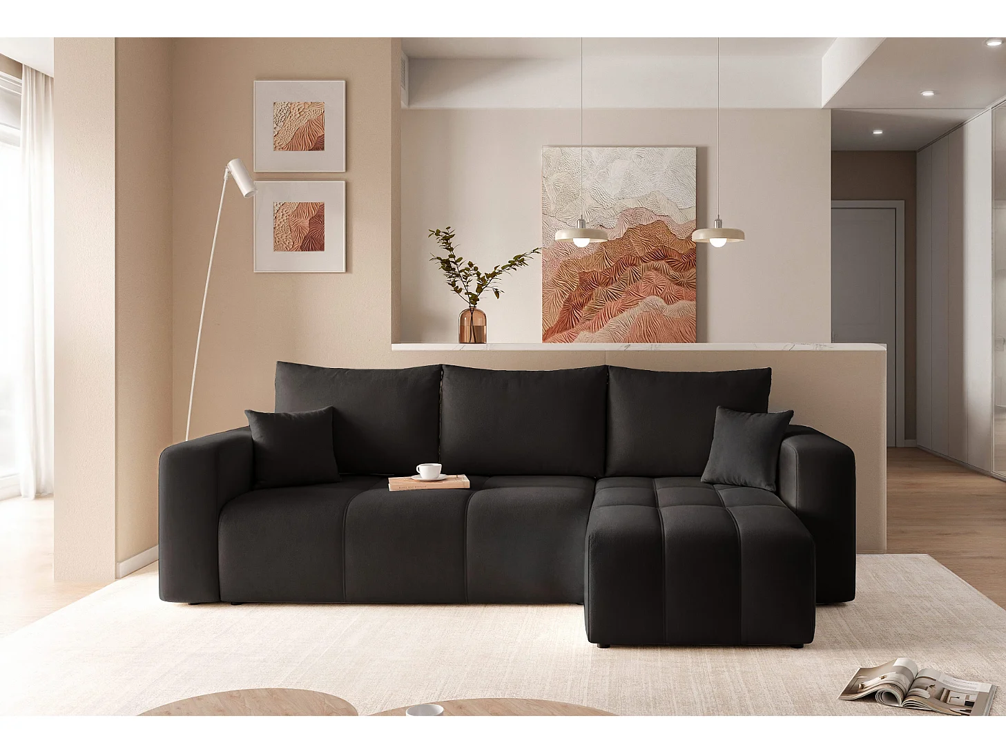 Canapé d'angle Convertible Pedro 3-Places avec Espace de Rangement en tissu Noir