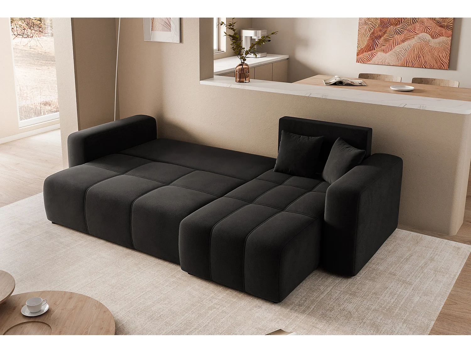 Canapé d'angle Convertible Pedro 3-Places avec Espace de Rangement en tissu Noir