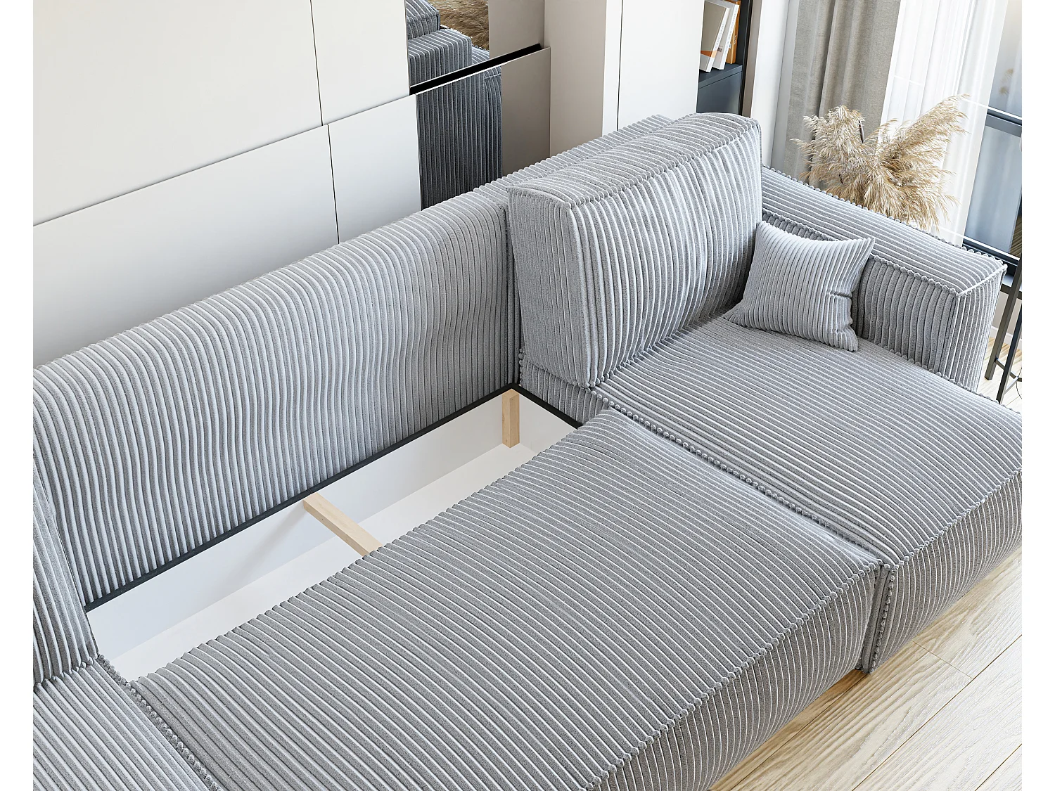 Ecksofa Paris U mit Schlaffunktion und grauem Stoff.