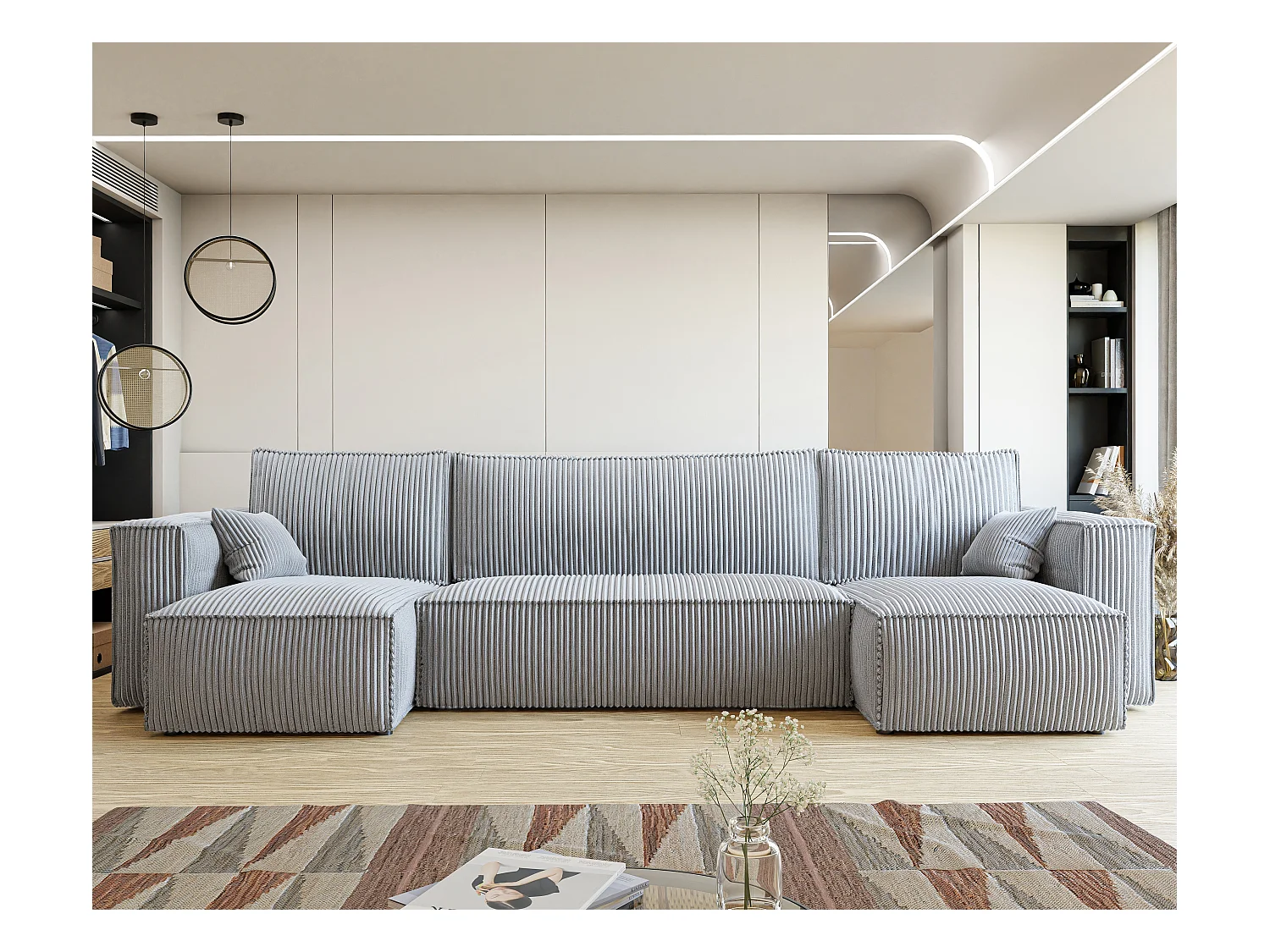 Canapé d'angle Paris U fonction couchage, et tissu Gris