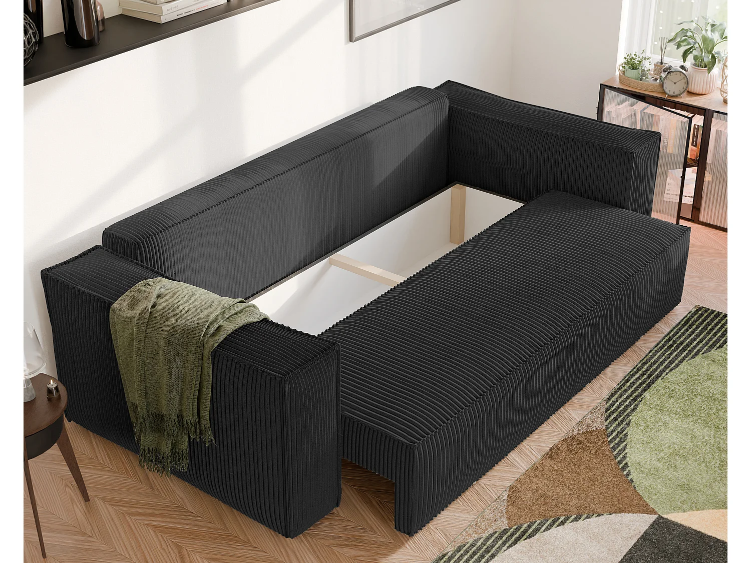 Sofa Bali, umkehrbar und umwandelbar in Schwarzem Stoff.