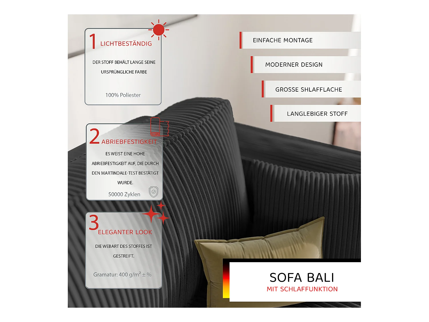 Canapé Bali réversible convertible en tissu Noir