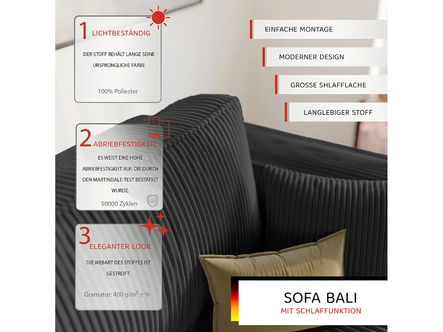 Sofa Bali, umkehrbar und umwandelbar in Schwarzem Stoff.
