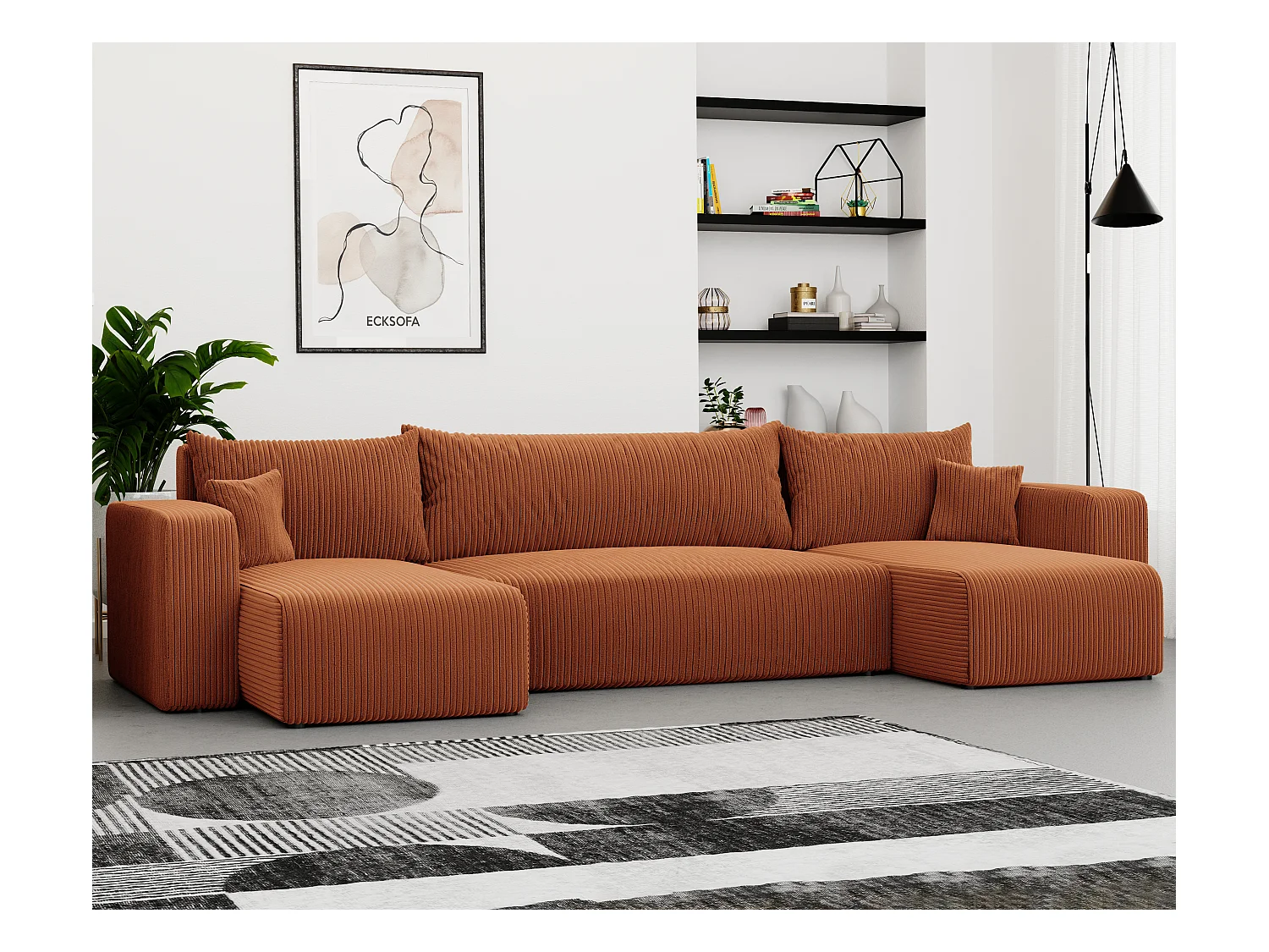 Ecksofa Piano U mit Schlaffunktion und orangefarbenem Stoff.