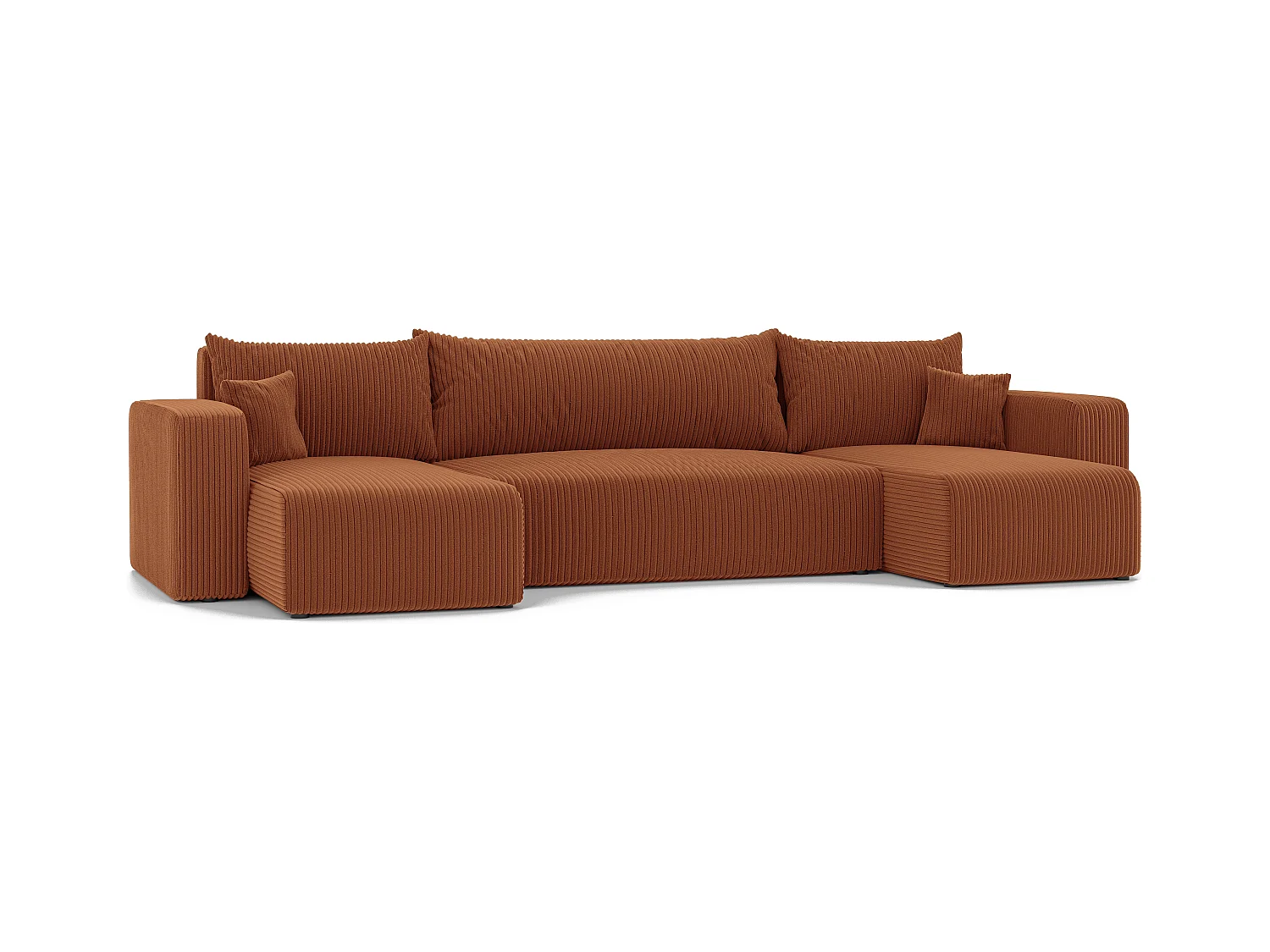 Ecksofa Piano U mit Schlaffunktion und orangefarbenem Stoff.