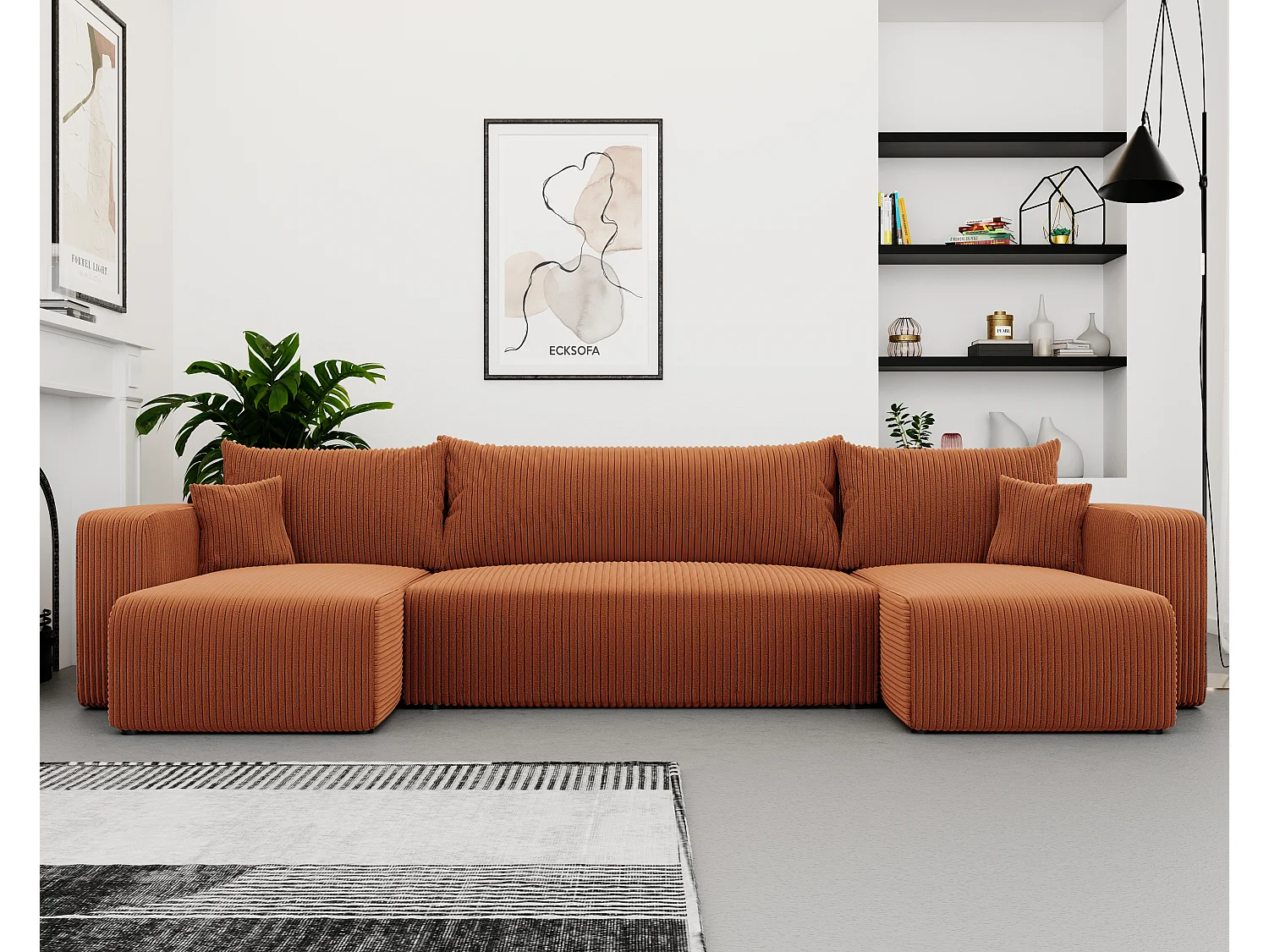 Ecksofa Piano U mit Schlaffunktion und orangefarbenem Stoff.