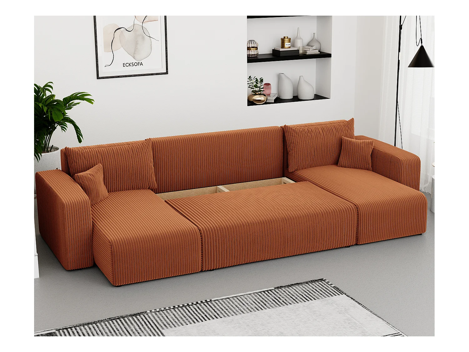 Ecksofa Piano U mit Schlaffunktion und orangefarbenem Stoff.