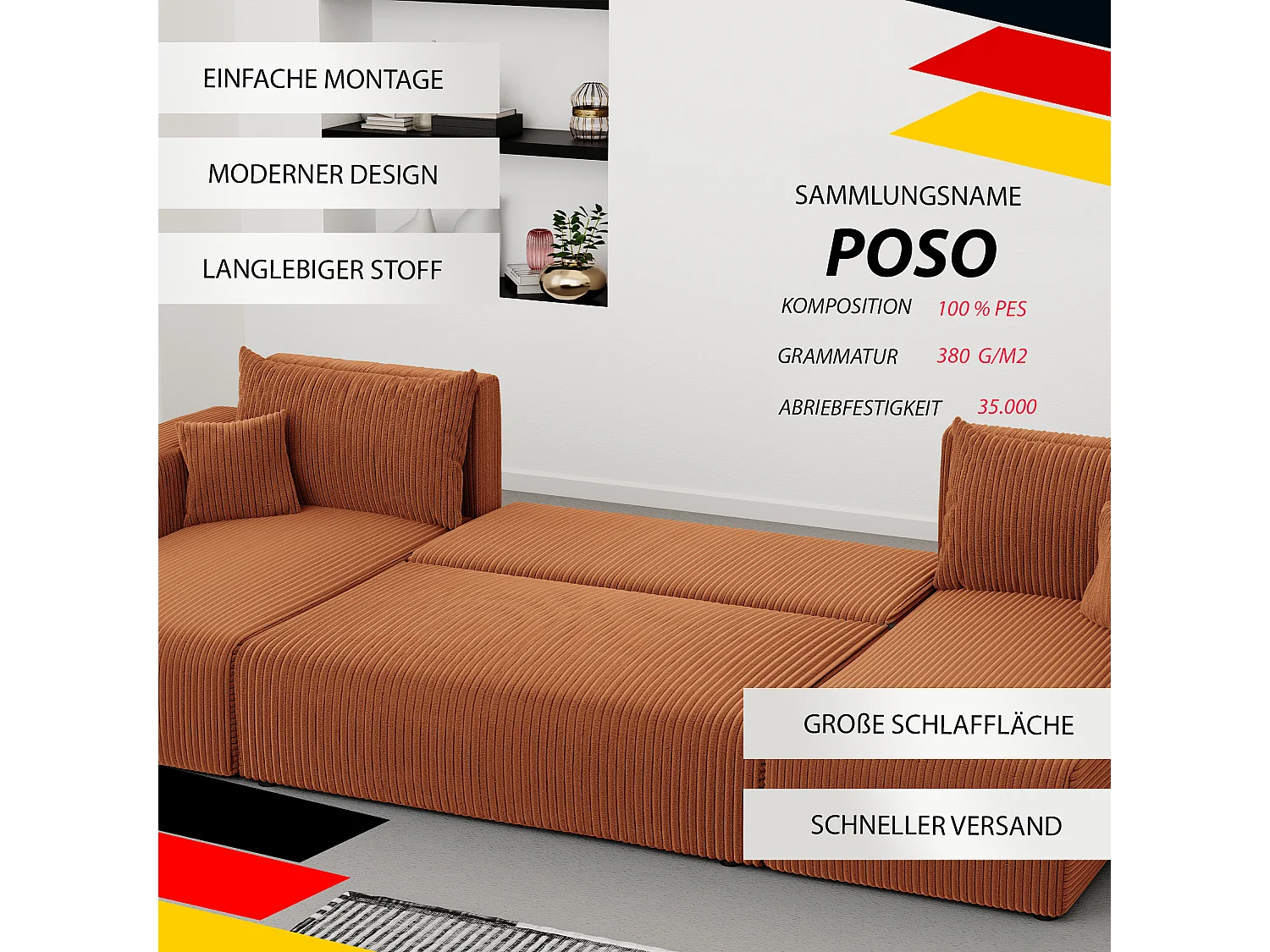 Ecksofa Piano U mit Schlaffunktion und orangefarbenem Stoff.