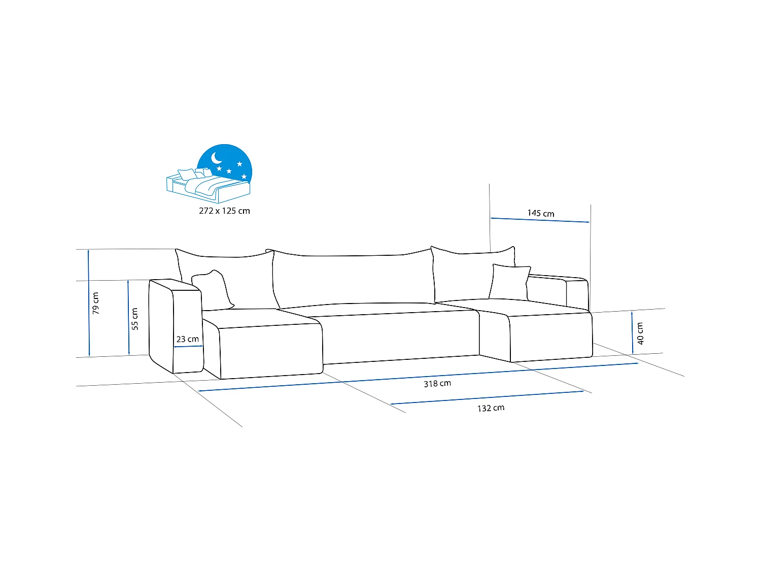 Ecksofa Piano U mit Schlaffunktion und orangefarbenem Stoff.