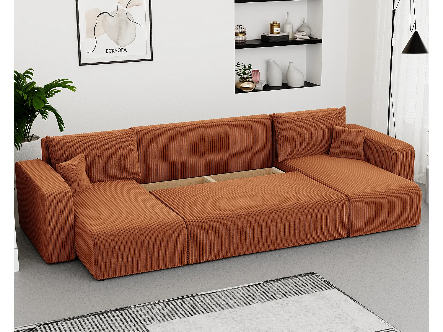 Hoekslaapbank Piano U-functie, en oranje stof