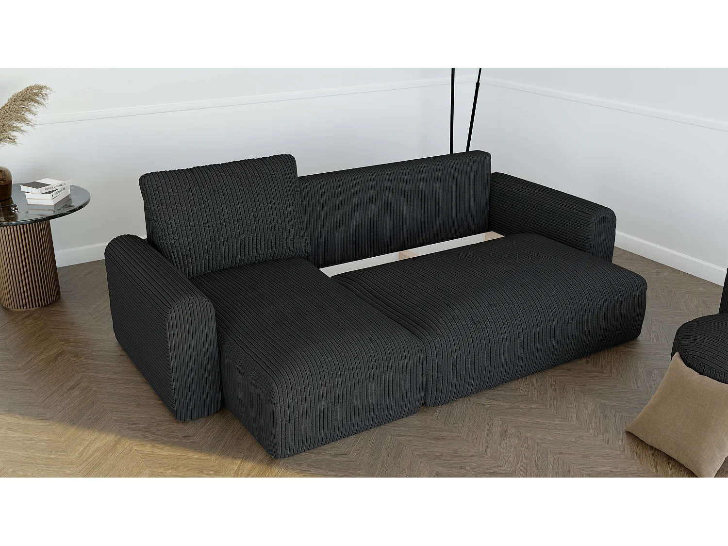 Ecksofa-Bett Jobo mit Schlaffunktion in Schwarzem Stoff