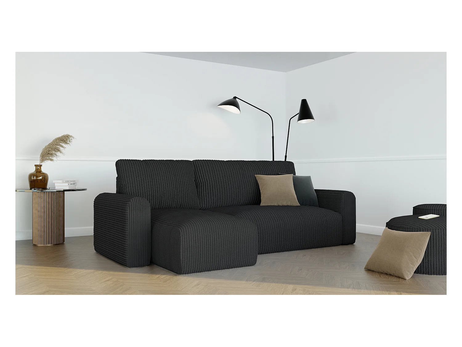 Canapé-lit d'angle Jobo avec fonction couchage en tissu Noir