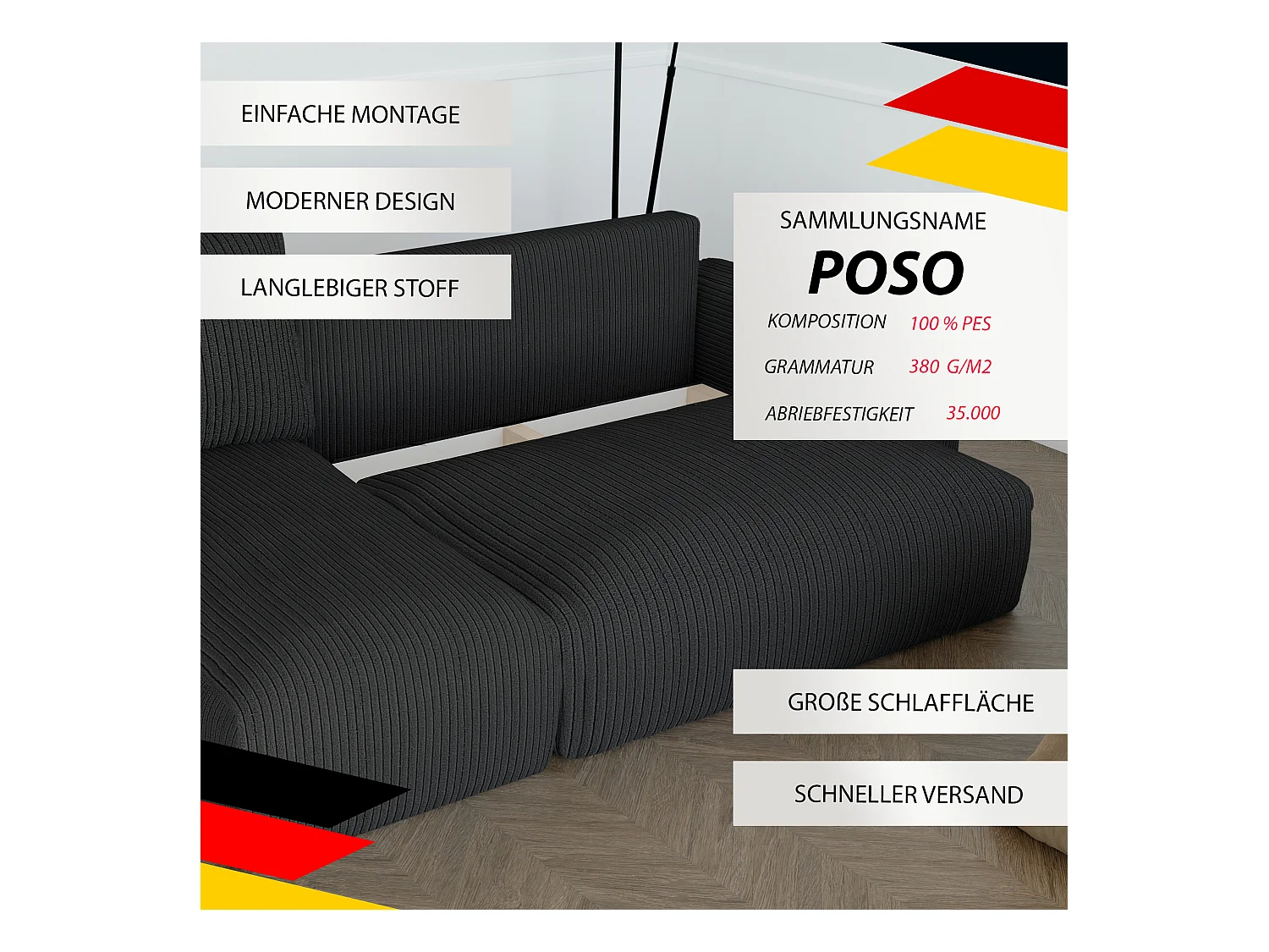 Canapé-lit d'angle Jobo avec fonction couchage en tissu Noir