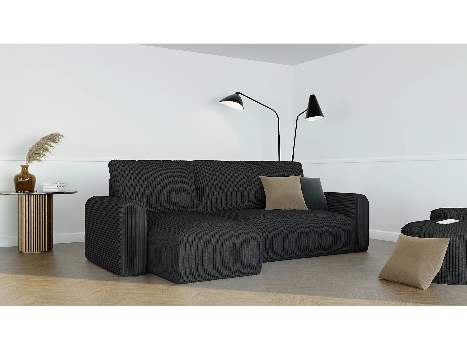 Ecksofa-Bett Jobo mit Schlaffunktion in Schwarzem Stoff