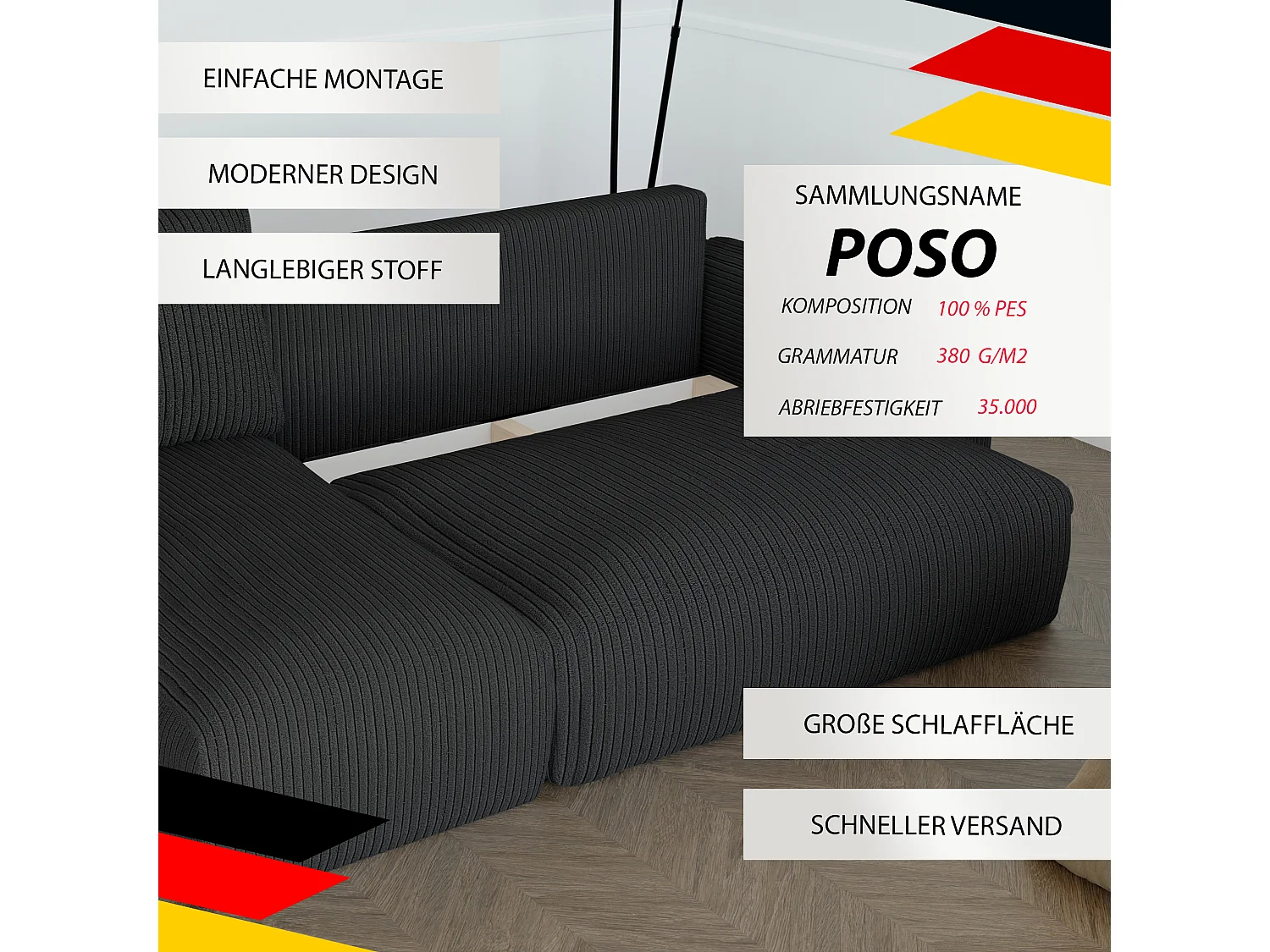 Ecksofa-Bett Jobo mit Schlaffunktion in Schwarzem Stoff