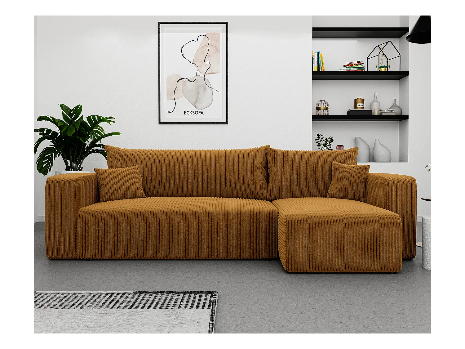 Ecksofa Piano in Senfgelb aus Stoff umwandelbar.