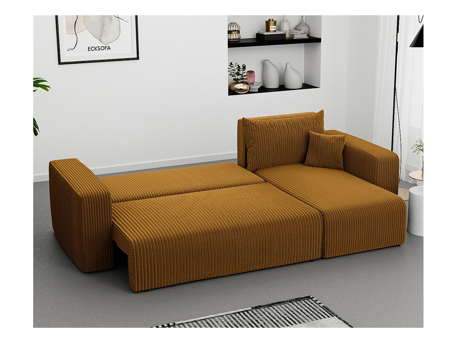 Ecksofa Piano in Senfgelb aus Stoff umwandelbar.