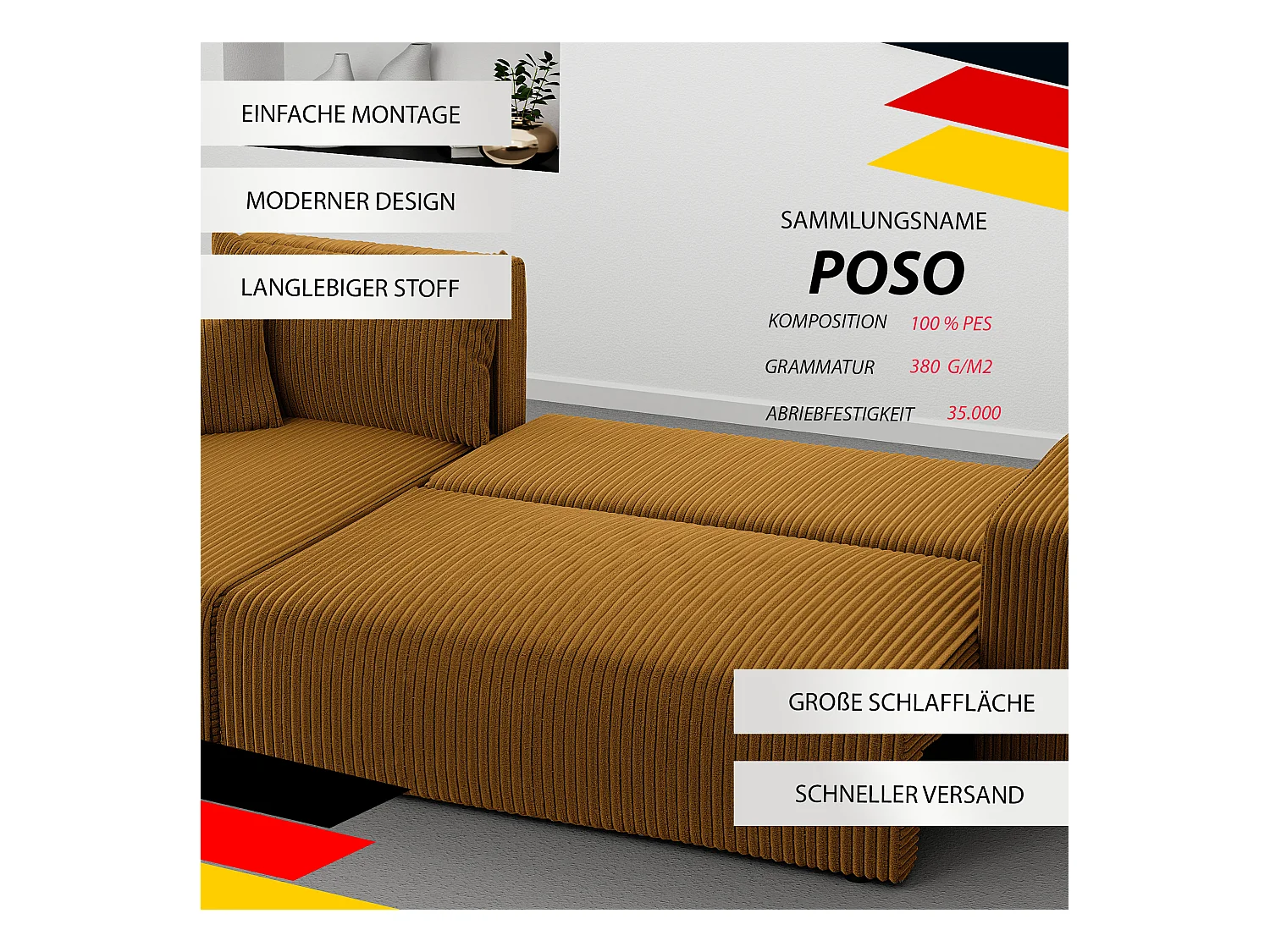 Ecksofa Piano in Senfgelb aus Stoff umwandelbar.