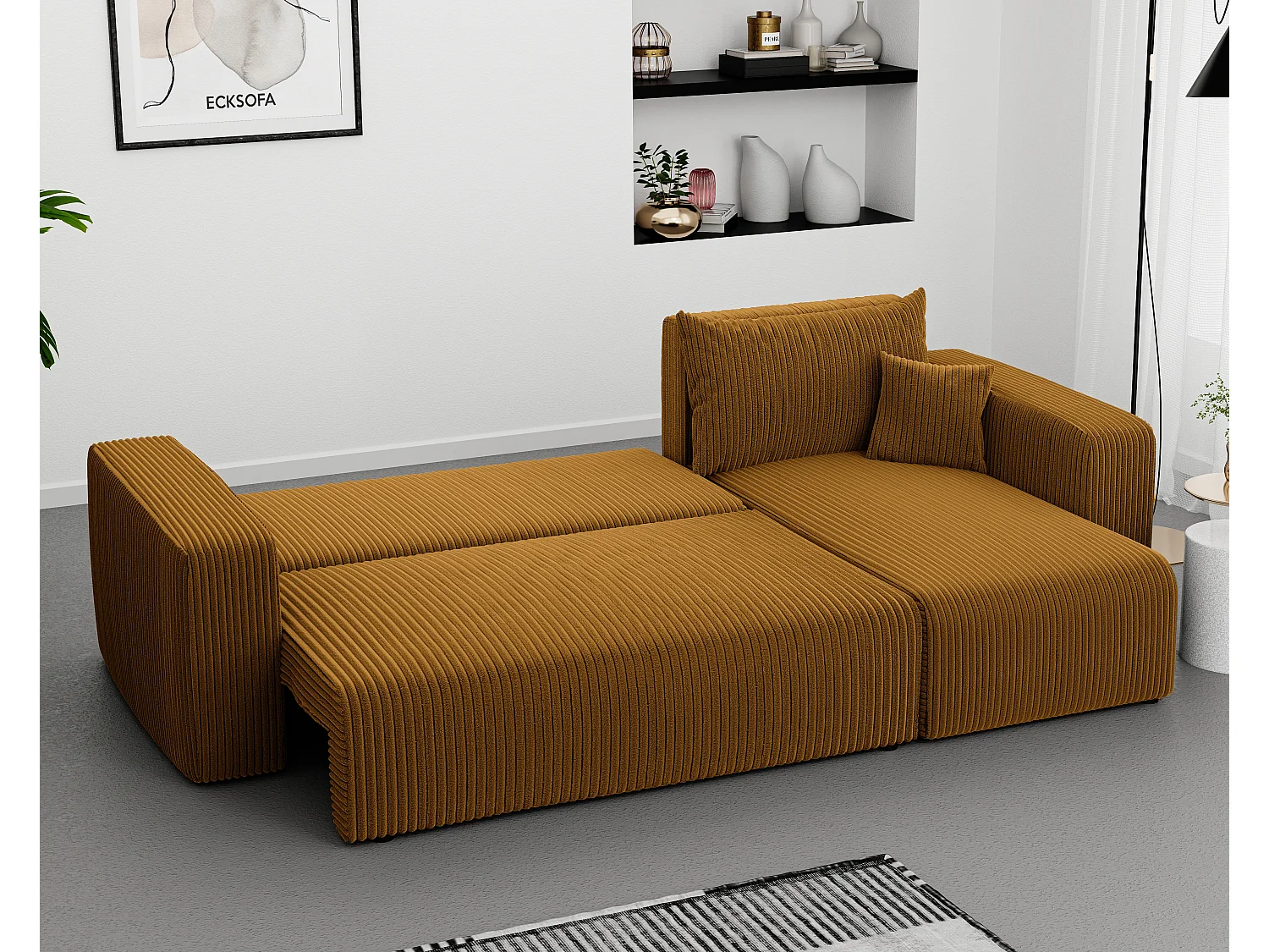 Hoekslaapbank Piano om te bouwen in mosterdgeel stof