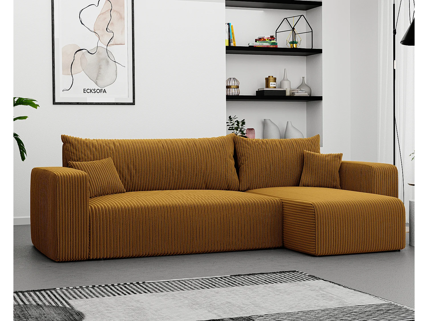 Ecksofa Piano in Senfgelb aus Stoff umwandelbar.