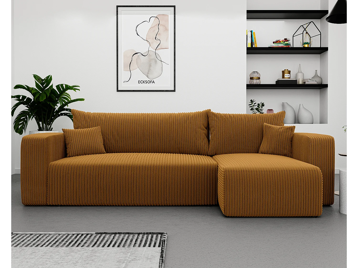 Ecksofa Piano in Senfgelb aus Stoff umwandelbar.