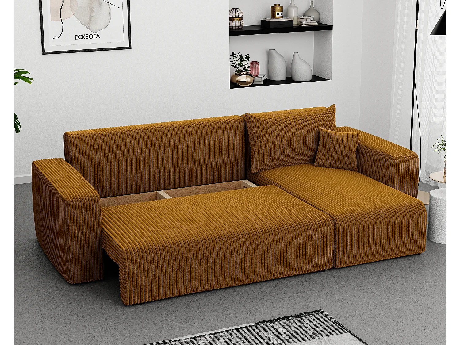 Ecksofa Piano in Senfgelb aus Stoff umwandelbar.