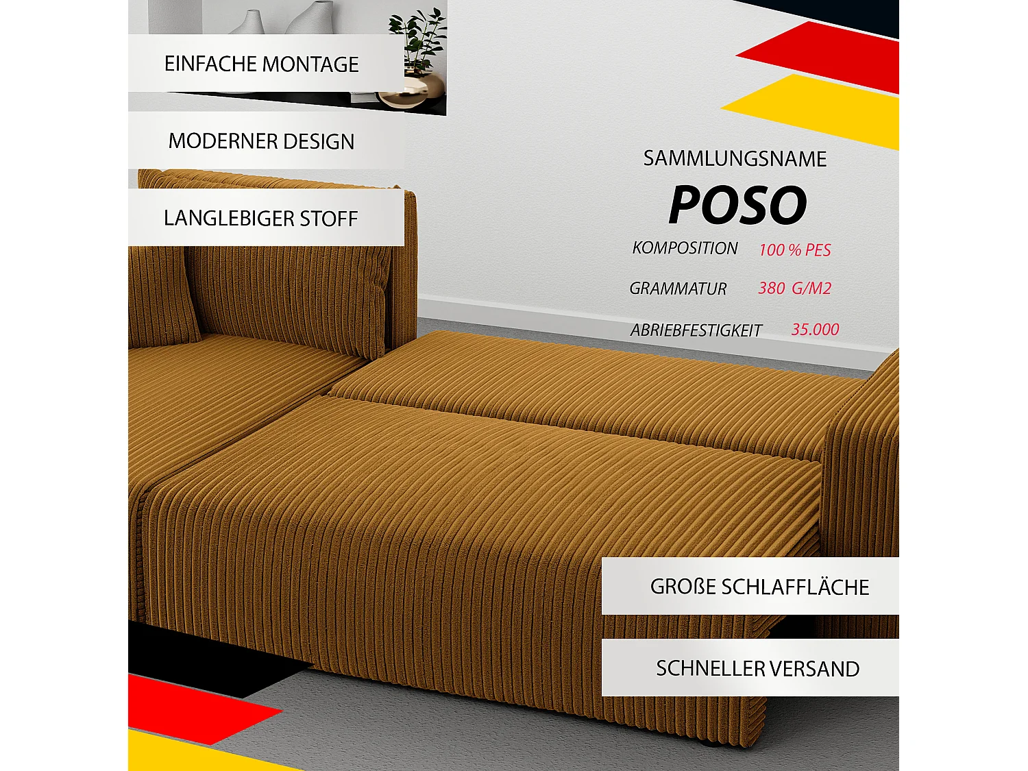 Ecksofa Piano in Senfgelb aus Stoff umwandelbar.