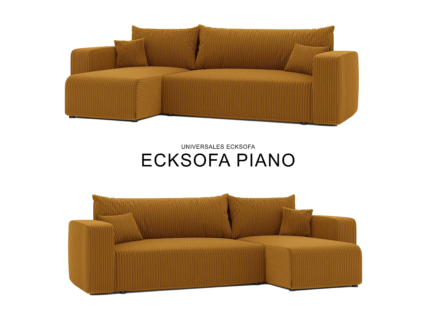 Ecksofa Piano in Senfgelb aus Stoff umwandelbar.